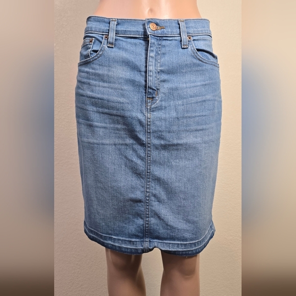 J Crew Denim Skirt Womens 29 Blue Jean Stretch Raw Hem Knee Length Classic - Picture 1 of 11